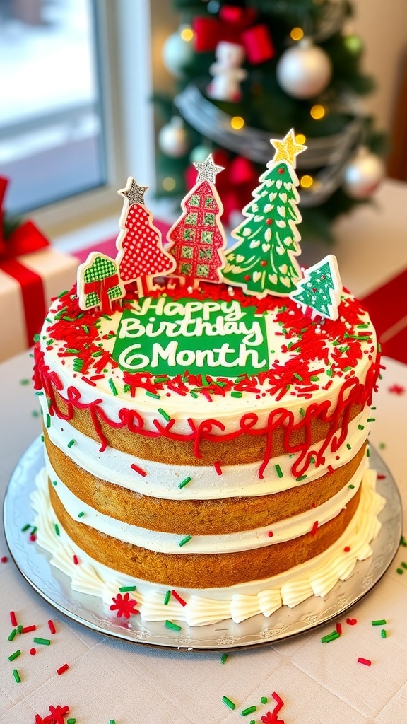 Christmas-Themed 6-Month Birthday Cake Recipe A Christmas-themed birthday cake decorated with red and green sprinkles and festive toppers, set on a holiday-themed table.